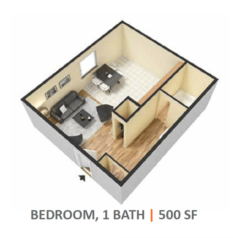 Floor plan for studio, 1 bath, 500 sqft